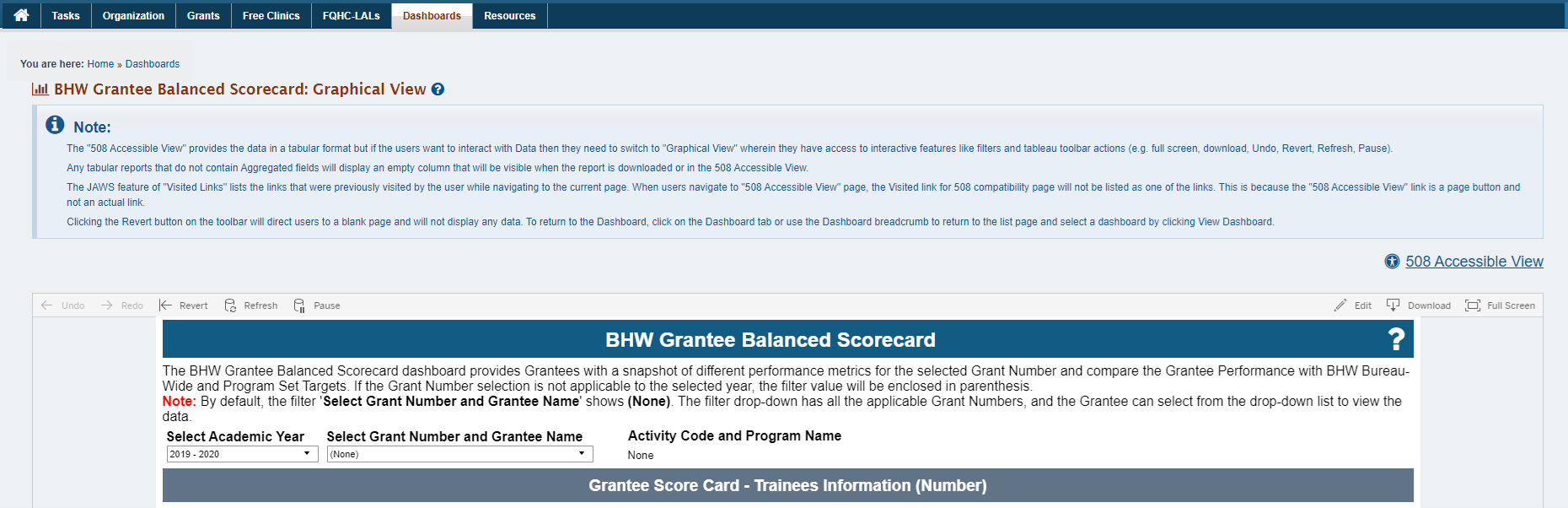 Screenshot of the BHW Grantee Balanced Scorecard Dashboard