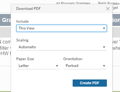 Screenshot of the Download PDF option showing Create PDF button