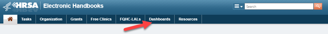 Screenshot of the EHBs homepage showing the Dashboard tab
