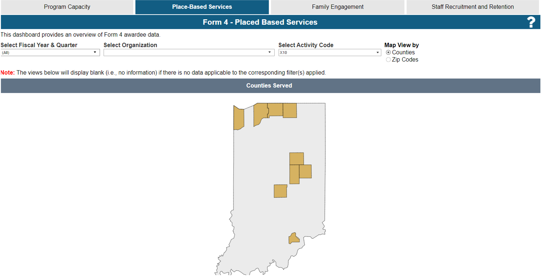 Screenshot of Map of Place Based Service Counties View