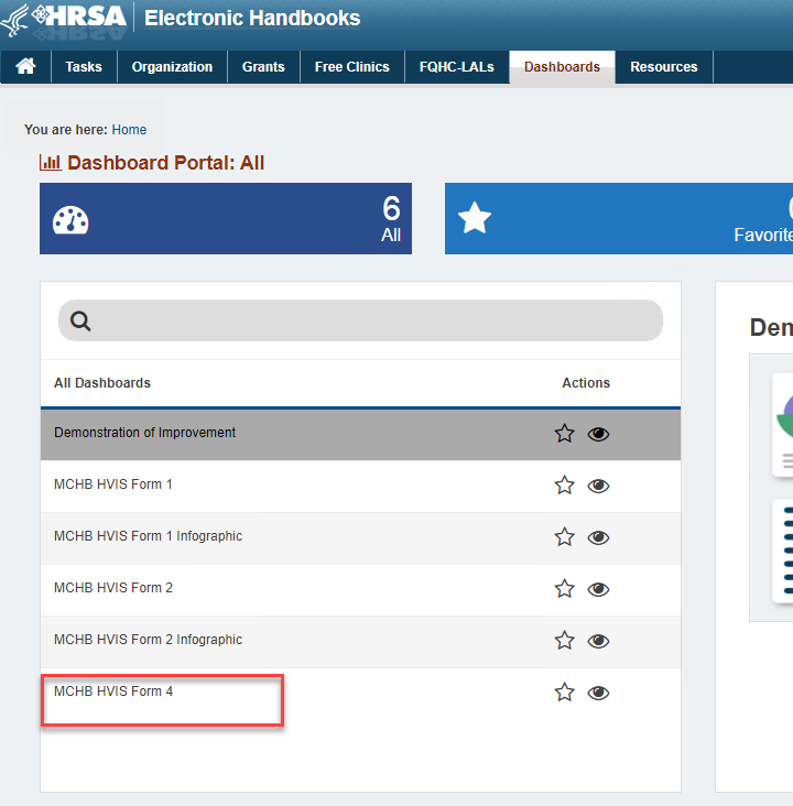 Screenshot of the Dashboards list showing MCHB HVIS Form 4 dashboard option