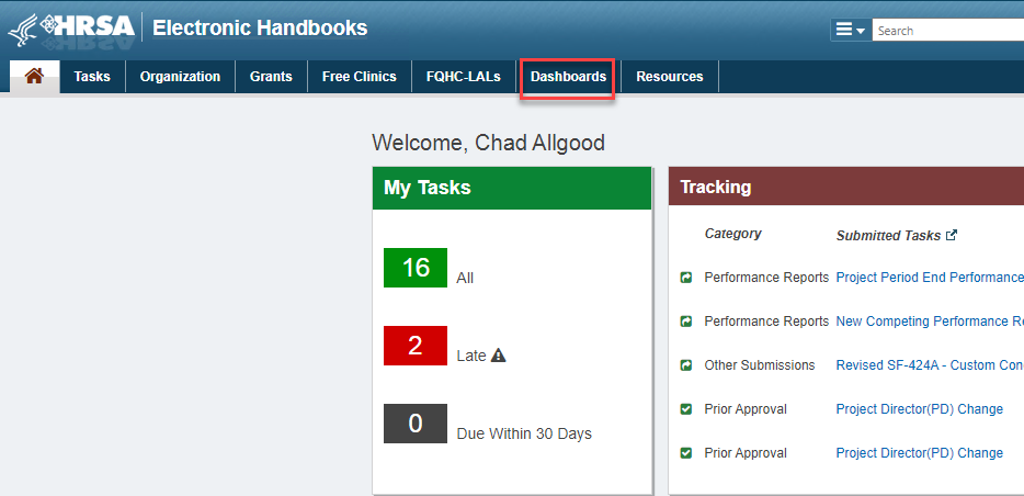 Screenshot of the EHBs homepage showing the Dashboards tab