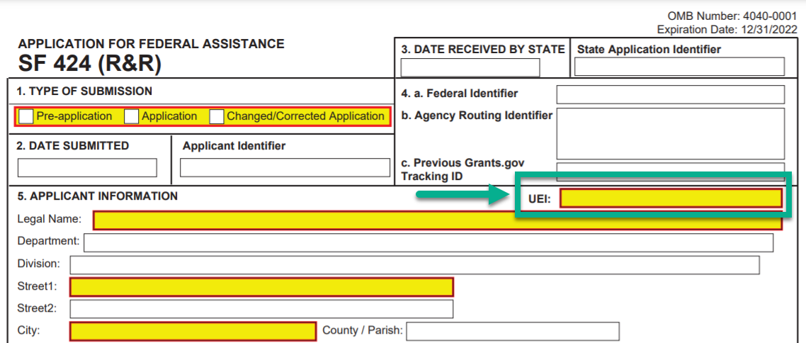 Screenshot of the SF 424 Form in Grants.gov showing the UEI field