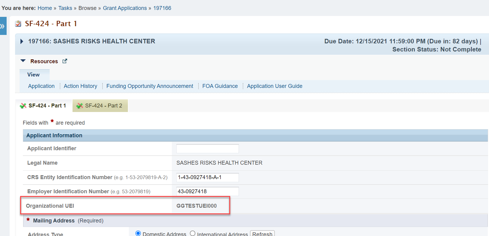 Screenshot of the SF 424 Part 1 form in the EHBs showing the Organizational UEI field