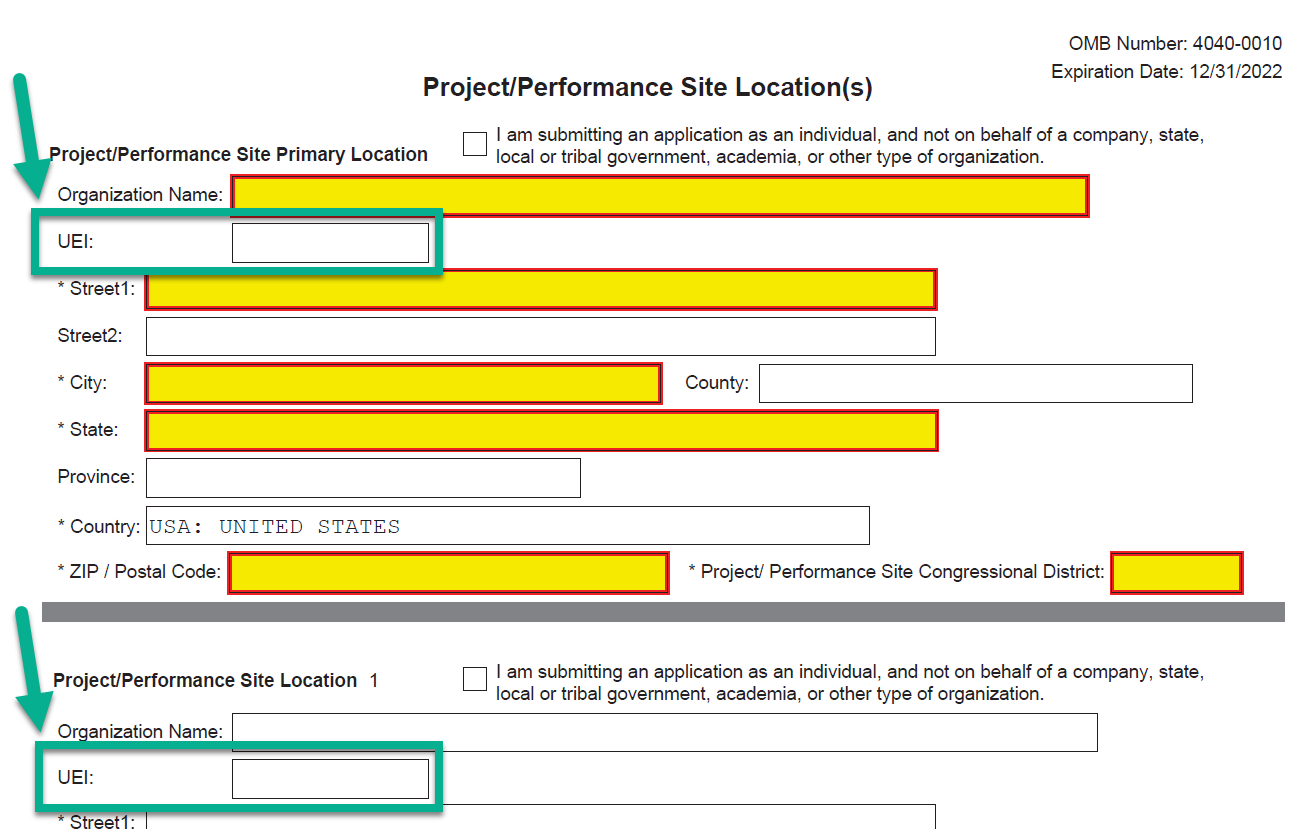 Screenshot of the Project Performance Site Locations page in Grants.gov showing the UEI fields