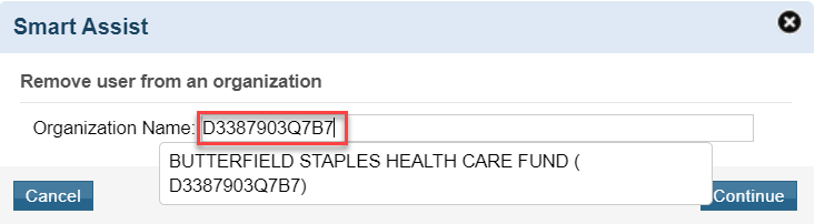 Smart Assist Widget to remove a user from an organization showing the UEI search