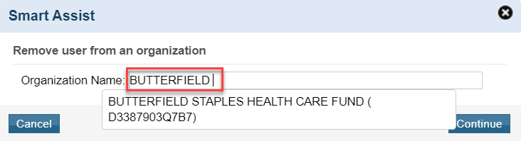 Screenshot of the Smart Assist Widget to remove a user from an organization showing the organization name search