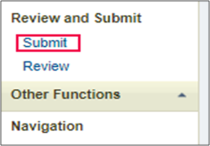 Screenshot of the Review and Submit section highlighting the Submit button