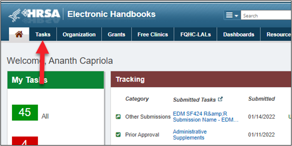 Screenshot of the EHBs home page showing the Tasks tab