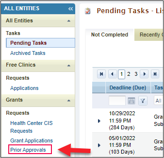 Screenshot of the Pending Tasks list showing the Prior Approval option