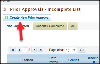 Screenshot of the Prior Approvals Incomplete List page showing the Create New Prior Approval button
