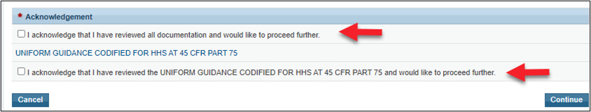 Screenshot of the Acknowledgement section of the Prior Approval Documentation section