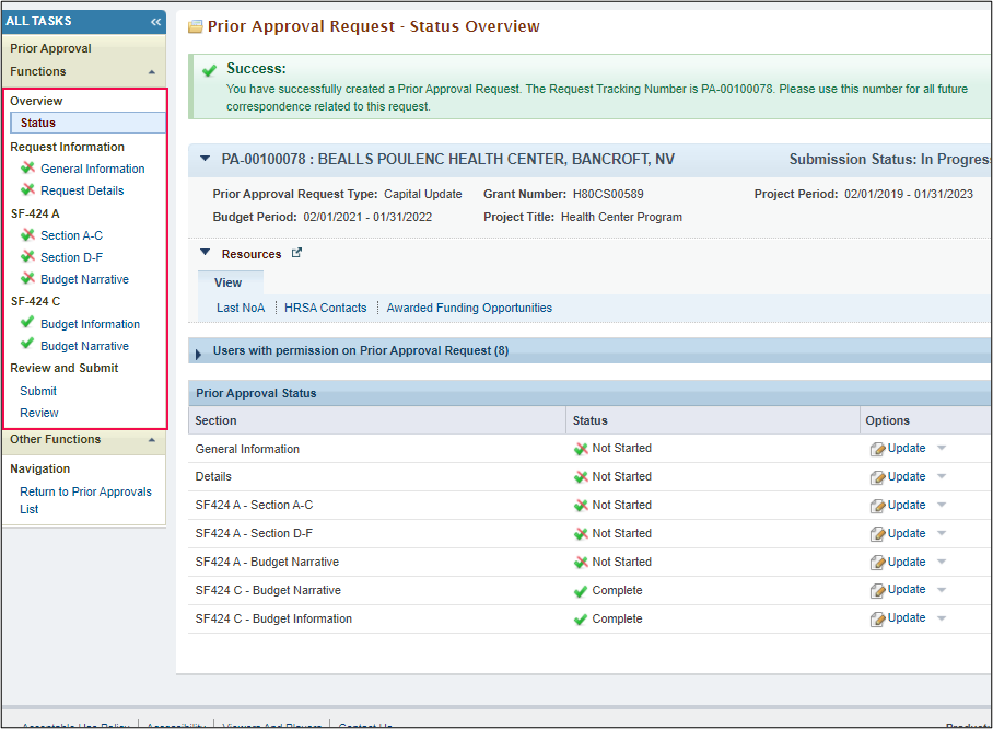 Screenshot of the Prior Approval Request Status Overview page highlighting the left navigation menu