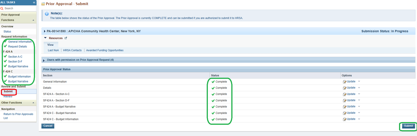 Screenshot of Prior Approval Submit 