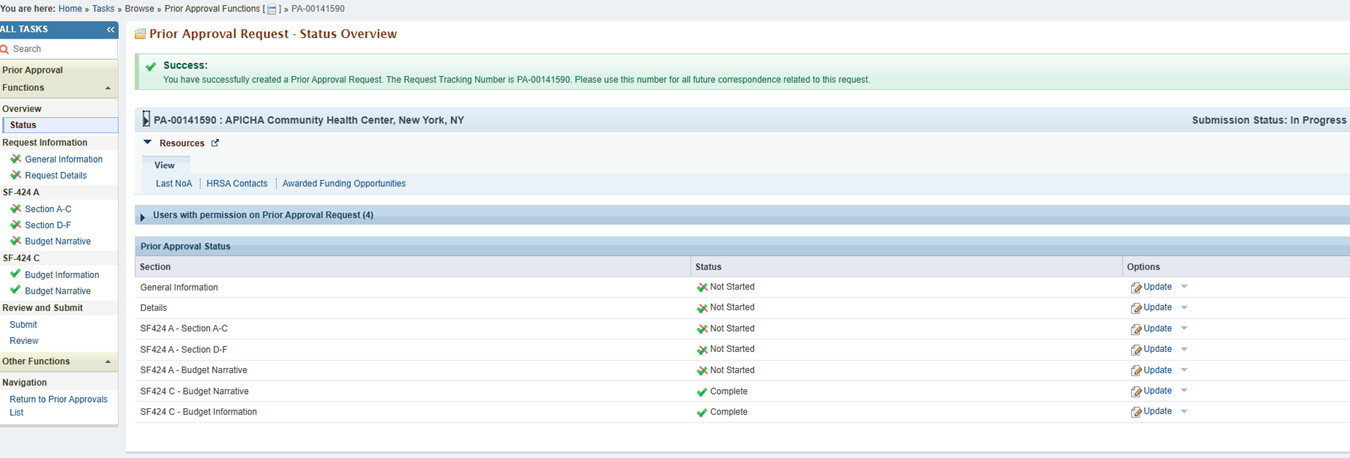 Screenshot of Prior Approval Request Status Page 