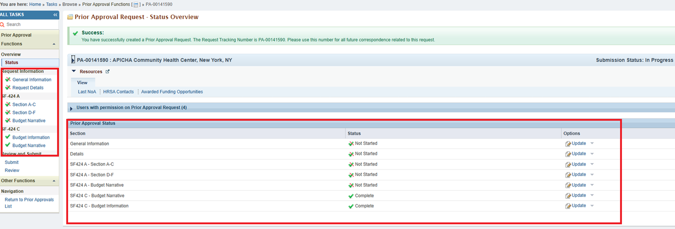 Screenshot of Prior Approval Status