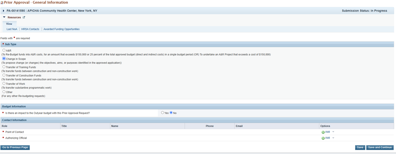 Screenshot of Prior Approval General Information 