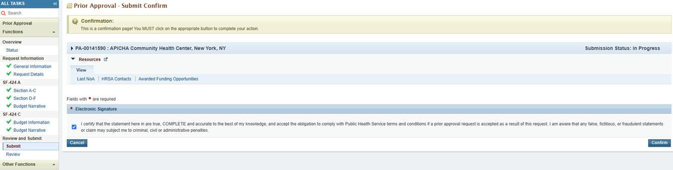 Screeshot of Prior Approval Submit Confirm 