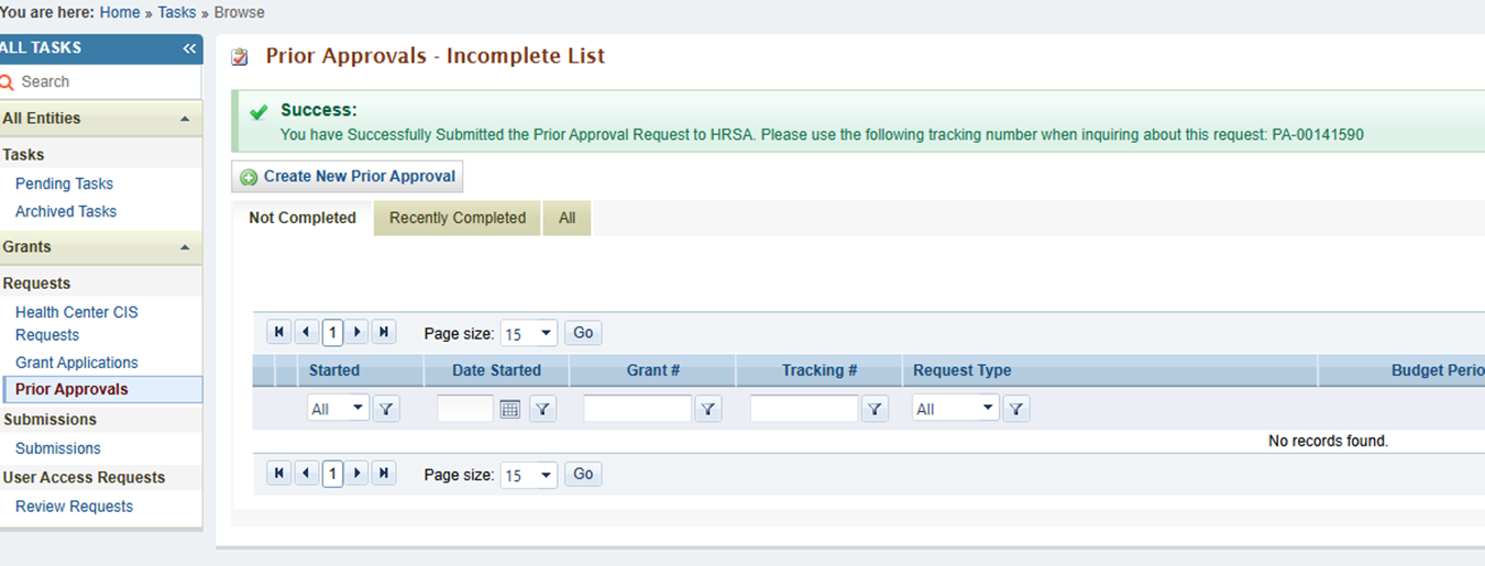 Screenshot Prior Approval Submit Success Banner 