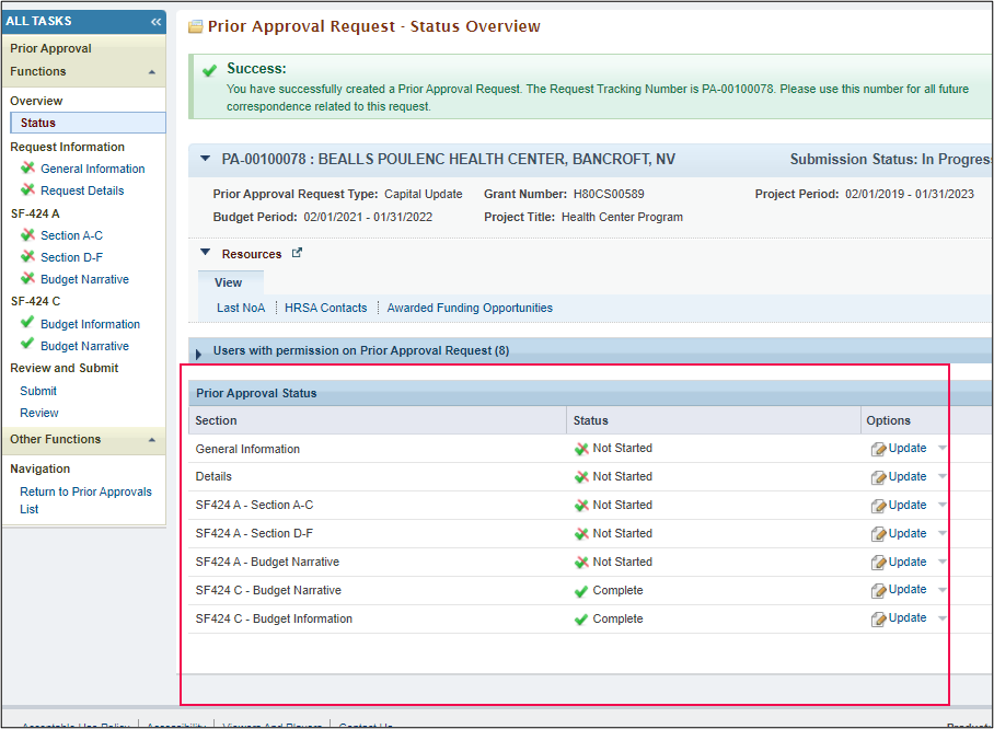 Screenshot of the Prior Approval Request Status Overview page highlighting the forms and option to update on the center of the page