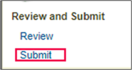 Screenshot of the Review and Submit section highlighting the Submit button