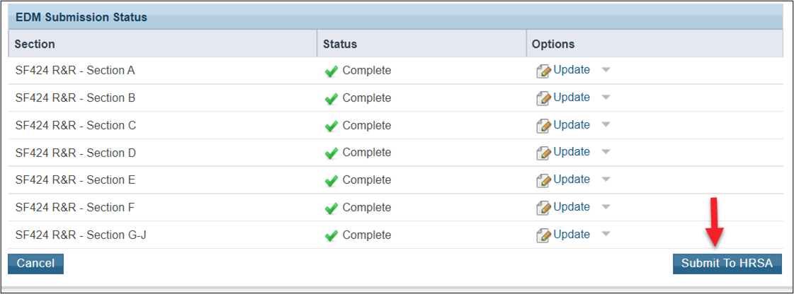 Screenshot of the EDM Submission Status page showing the Submit to HRSA button