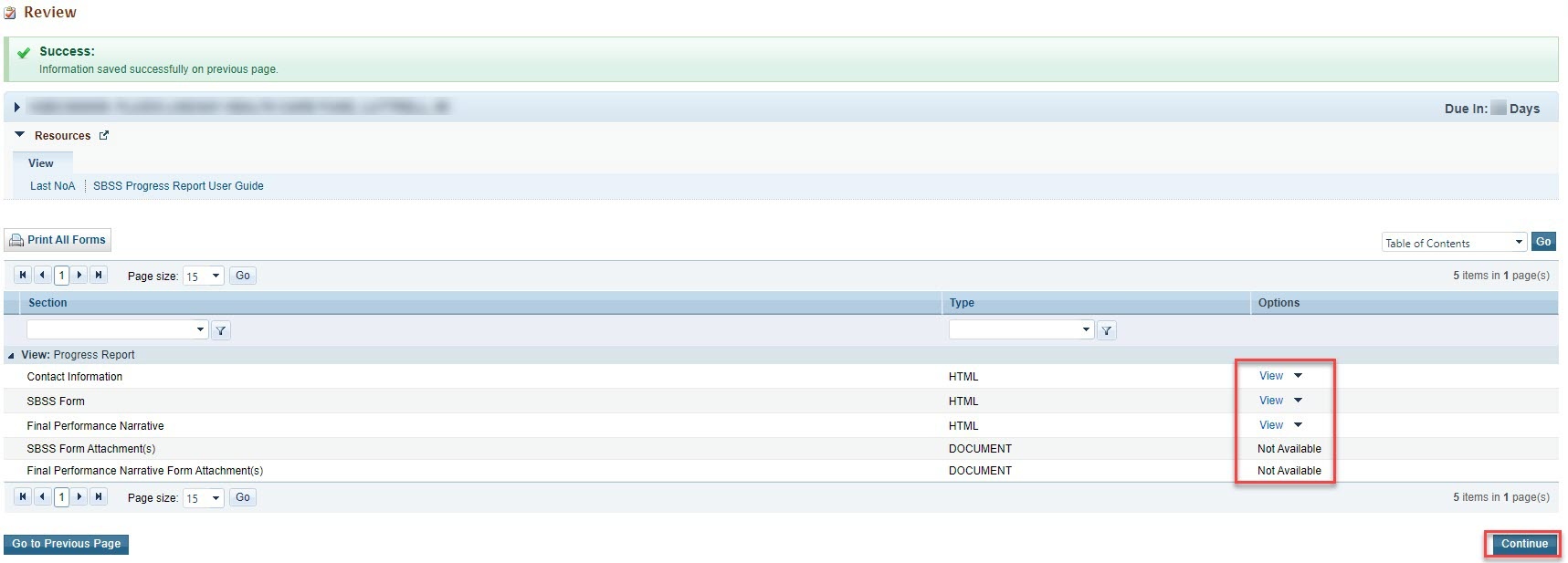 Screenshot of Review page