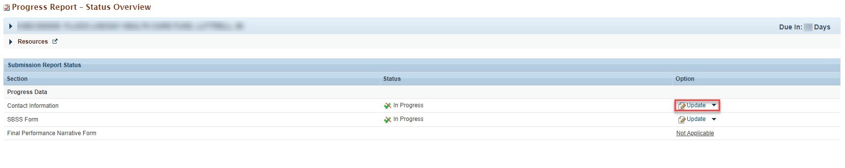 Screenshot of Status Overview Page