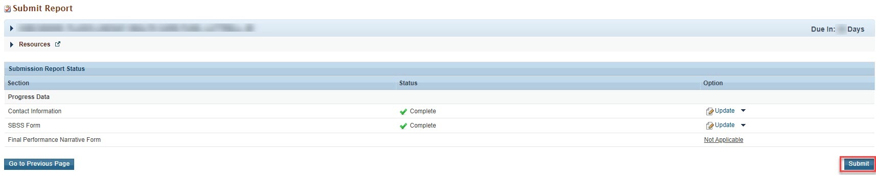 Screenshot of Submit Report Page