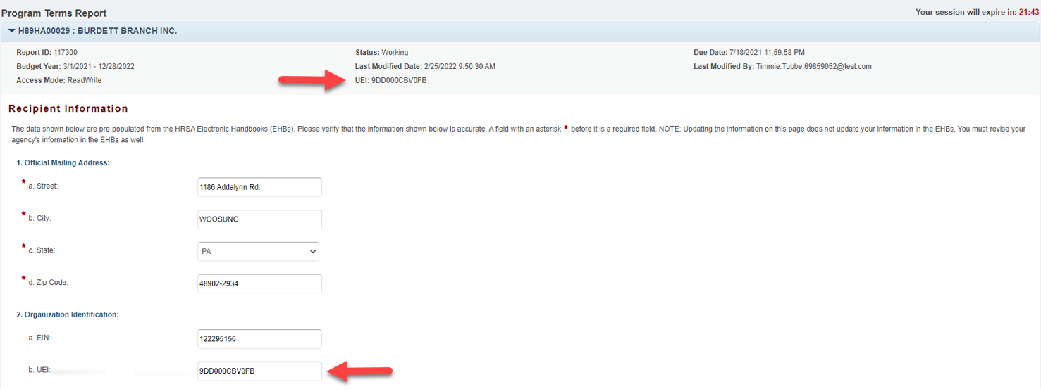 Screenshot of the PTR Recipient Report showing the UEI fields