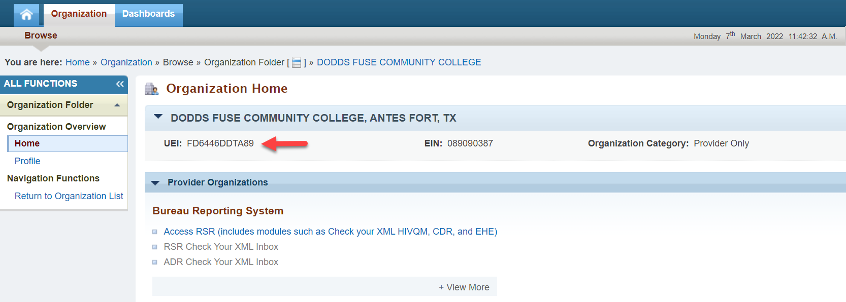 Screenshot of the Organization Folder Home page showing the UEI