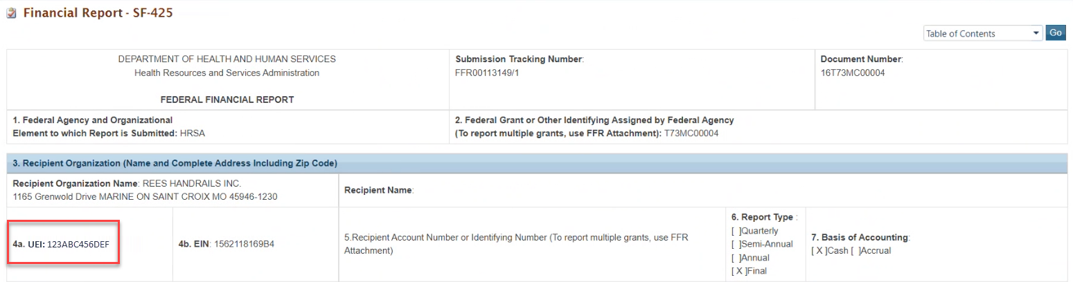 Screenshot of  Financial Report SF 425 highlighting the UEI in the Recipient Organization section for all the FFR submitted to PMS from April 4, 2022.