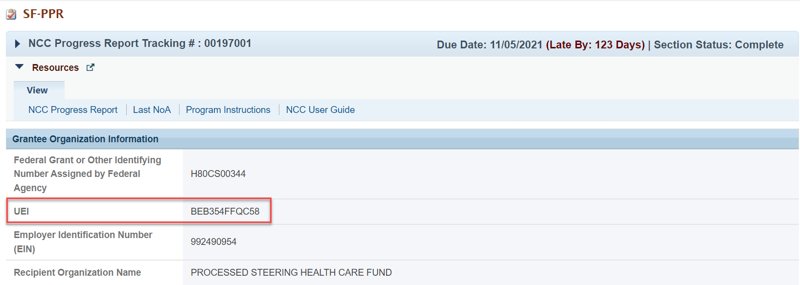 Screenshot of the NCC Progress Report Forms SF PPR form showing UEI field