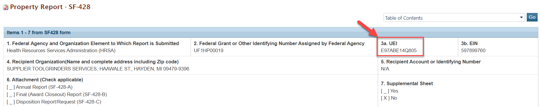 Screenshot of the Property report SF 428 form showing UEI field