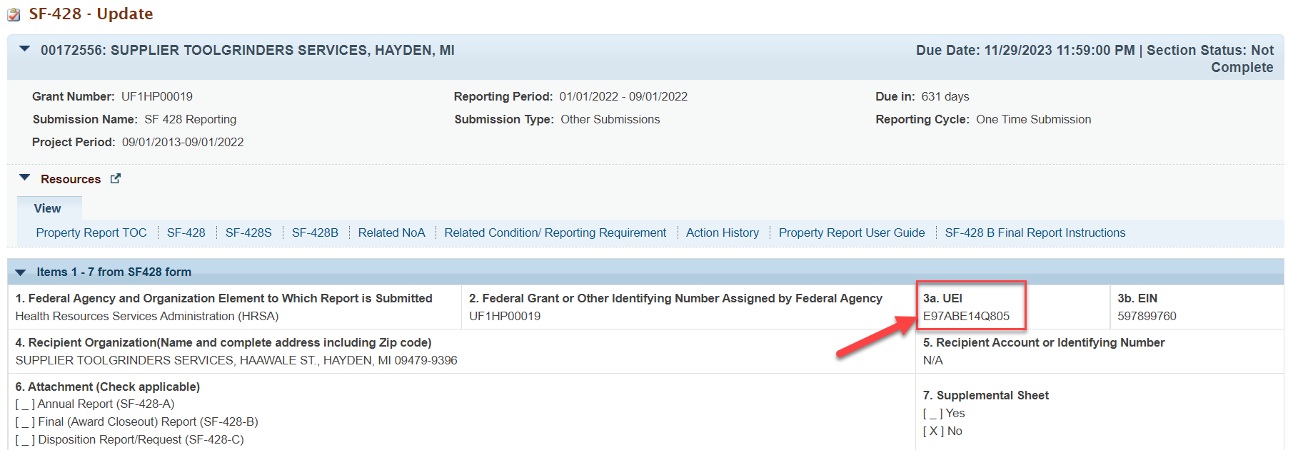 Screenshot of the Property Tracking Forms SF428 update page showing the UEI field