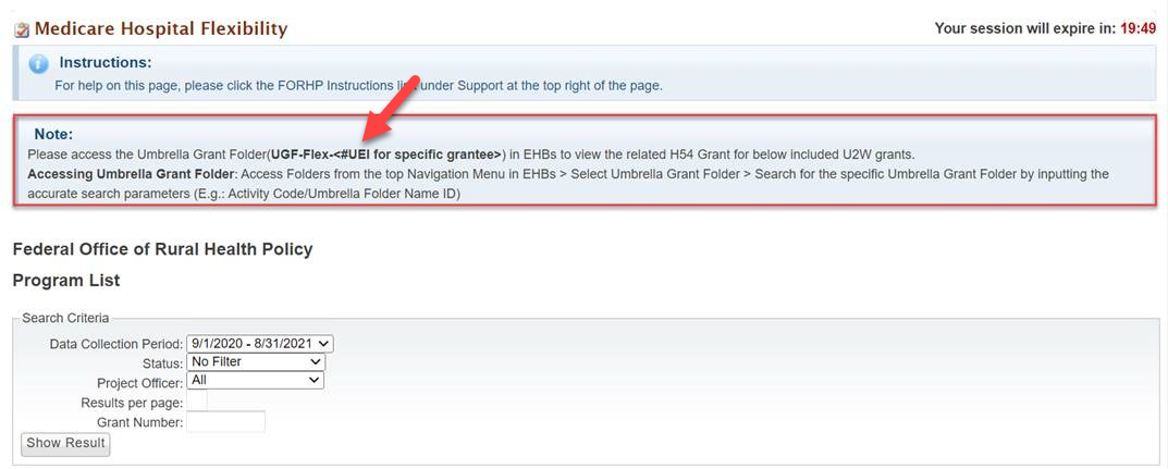 Screenshot of the Medicare Hospital Flexibility page showing note with UEI