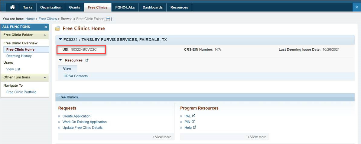 Screenshot of the Free Clinics home page showing the UEI field