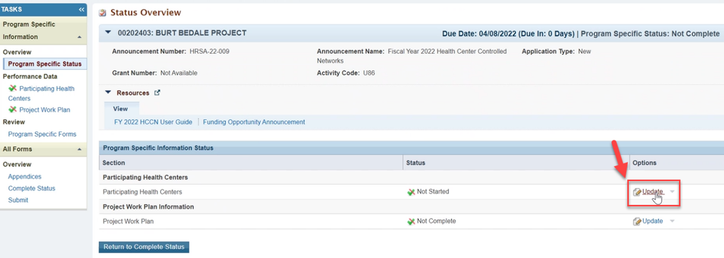 Screenshot of the Status Overview page showing the Update option
