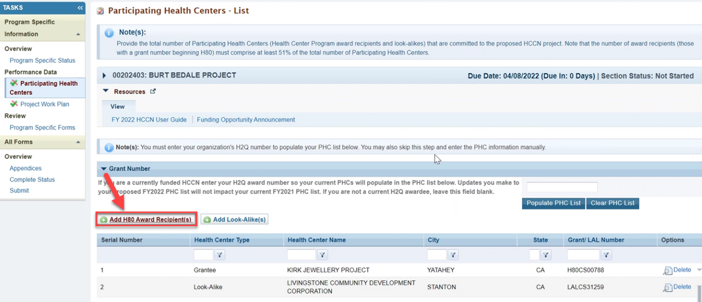 Screenshot of the Participating Health Centers List page showing the Add H80 Award Recipients buttons
