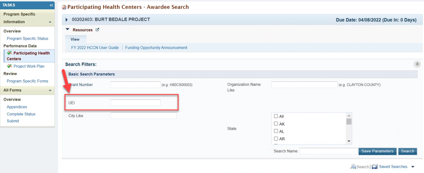 Screenshot of the Participating Health Centers Awardee Search page showing the UEI field