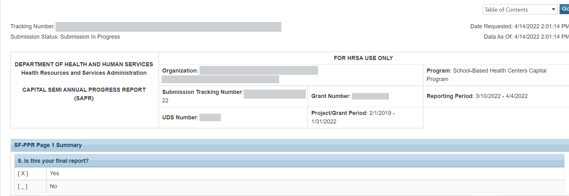 Screenshot of the Capital Development Progress Report Read Only page 