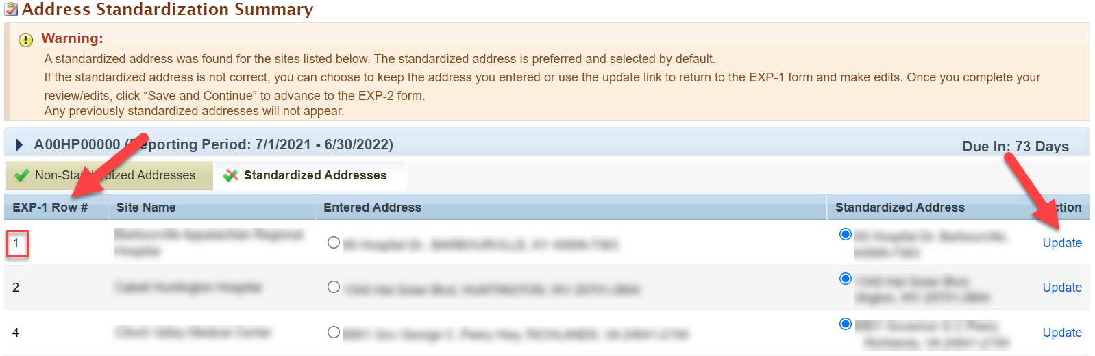 Screenshot of the Standardized Addresses tab showing the Update button