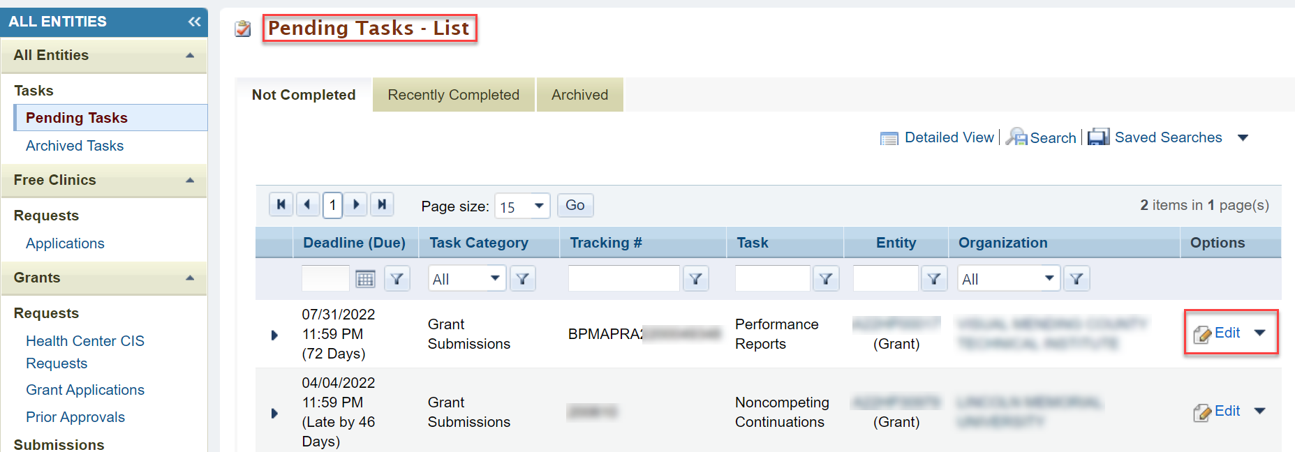 Screenshot of the Pending Tasks lists highlighting the BPMH Performance Report Edit option