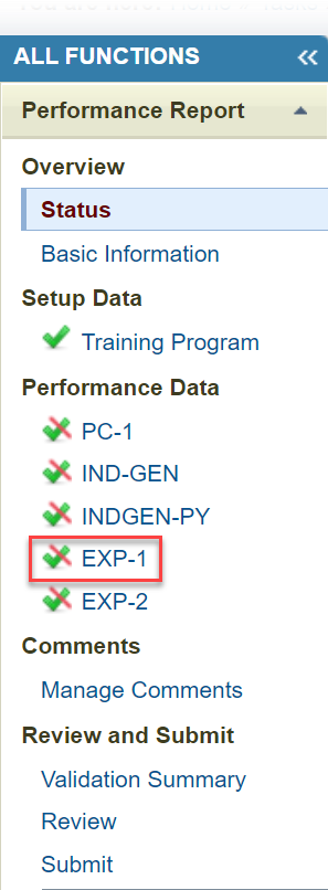 Screenshot of the Left menu on the Performance Report highlighting the EXP 1 option