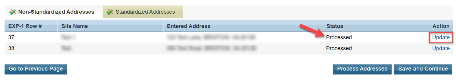 Screenshot of the Non Standardized Addresses tab showing addresses in Processed status and the Update button