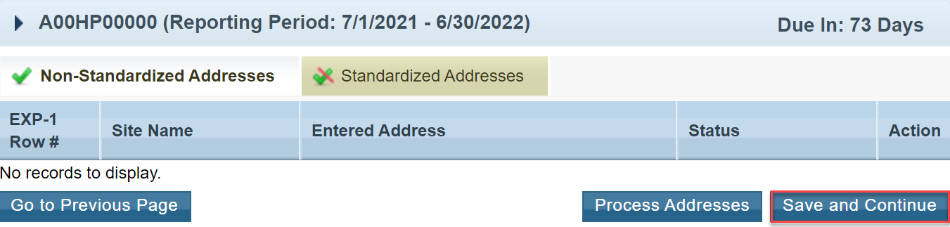 Screenshot of the Non Standardized Addresses list showing all processed and highlighting the Save and Continue button