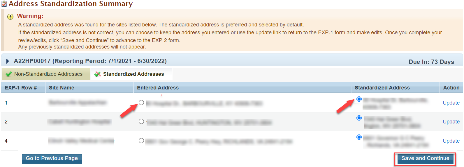 Screenshot of the Standardized Addresses tab showing how to select the correct address and the Save and Continue button