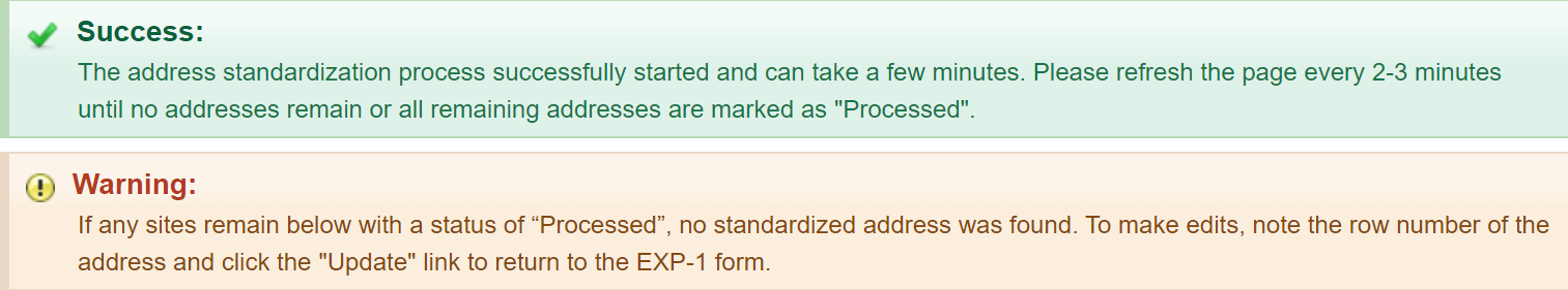 Screenshot of the Success and Warning messages on the Non Standardized Addresses Tab