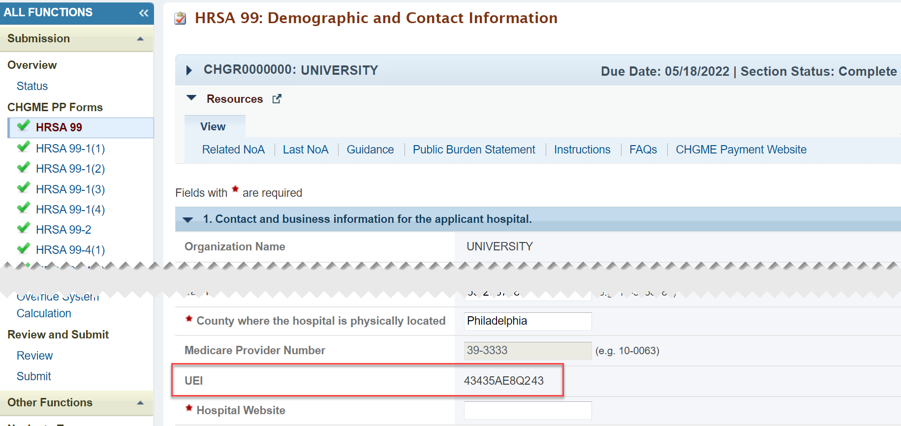 Screenshot of the HRSA 99 Demographic and Contact Information page showing the UEI