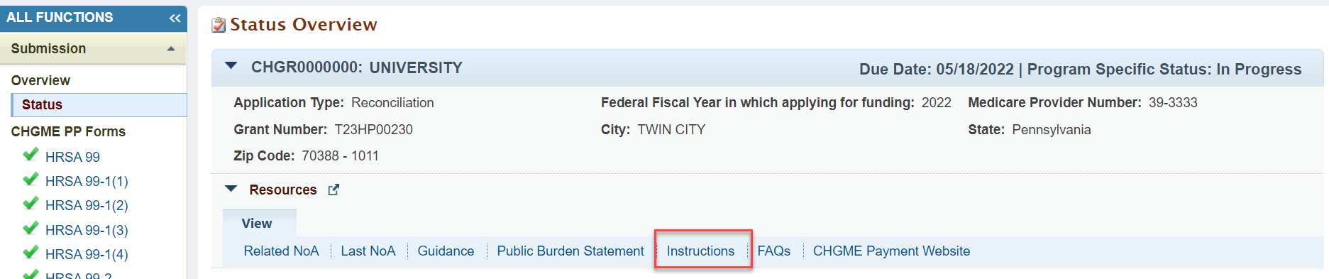 Screenshot of the Status Overview page showing the Instructions option in the Resources section